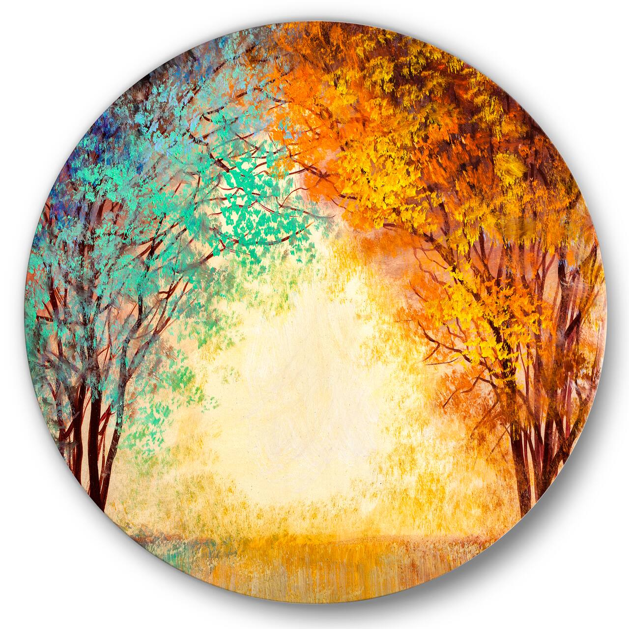 Designart - Alley Through The Park In Autumn Sunset - Traditional Metal Circle Wall Art